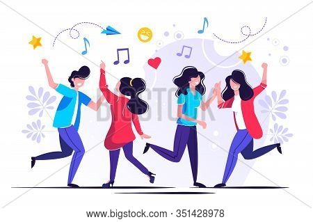 Vector Illustration, A Group Of People Dancing And Having Fun To The Music