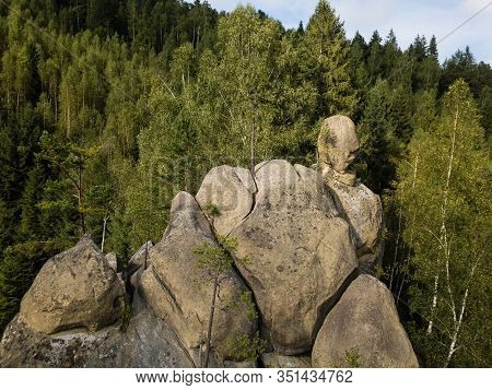 Aerial View Stone Rocks Ternoshorska Lada Amidst Beautiful Scenic Carpathian Mountains And Forest. S