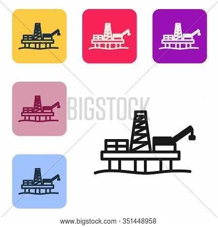 Black Line Oil Platform In The Sea Icon Isolated On White Background. Drilling Rig At Sea. Oil Platf