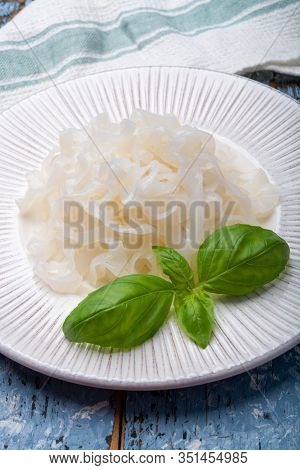 White Konjac Shirataki Noodles, Gluten Free And No Fat Diet Vegetarian And Vegan Asian Food Close Up