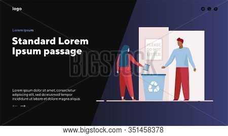 Man And Woman Throwing Litter In Recycling Bin. Mindful Couple Tossing Garbage Flat Vector Illustrat