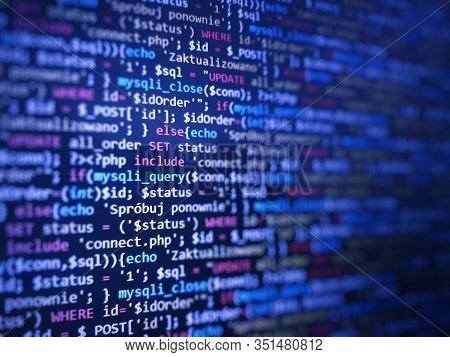 Blue Unique Background. Programming Php On Laptop Computer Screen. Program Code Php Html Css Of Site