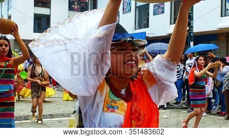 Cuenca, Ecuador - April 11, 2019: Woman Folk Dancer Represents Culture Of Canton Cayambe, Pichincha 