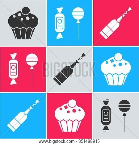 Set Muffin , Lollipop And Champagne Bottle Icon. Vector
