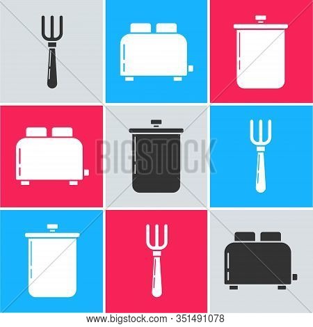 Set Fork , Toaster With Toasts And Cooking Pot Icon. Vector