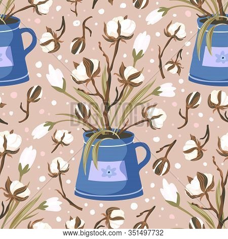Cotton Flower Vintage Vector Seamless Pattern. Fluffy Gentle Hand Drawn Floral Branch Design. Botany