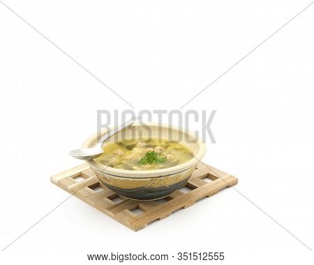 Homemade Italian Wedding Soup In A Rustic Bowl Photographed On A White Background With Ample Copy Sp