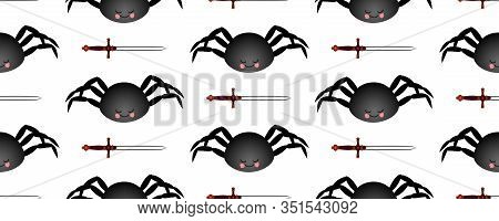 Black Spider Pattern. Mch On A Dark Background. Seamless Pattern For Textile And Fabric Design..