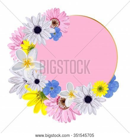 Round Background For Lettering. Pink Pattern With Flowers. Design For Advertising Or Promotions, Sal