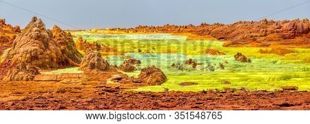 Colorful Incredible Abstract Apocalyptic Landscape Like Moonscape Of Dallol Lake In Crater Of Dallol