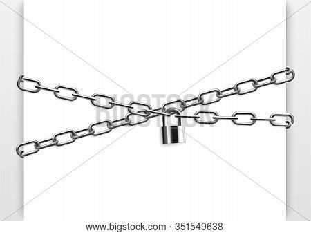 Abstract Composition With Crossed Metal Chains And Padlock On White Background Realistic Vector Illu