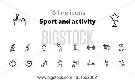 Sport And Activity Icons. Set Of Line Icons On White Background. Stop Watch, Sportsman. Active Lifes