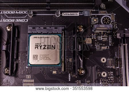 Kremenchug, Ukraine - November 20, 2019: Closeup Of Modern Computer Motherboard Msi Tomahawk Max Wit