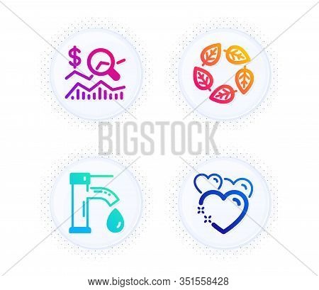Tap Water, Check Investment And Organic Tested Icons Simple Set. Button With Halftone Dots. Heart Si