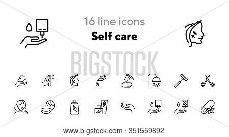 Self Care Line Icon Set. Shower, Scissors, Cream. Beauty Care Concept. Can Be Used For Topics Like H