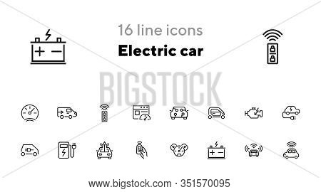 Electric Car Line Icon Set. Vehicle, Engine, Battery, Charging Station. Transport Concept. Can Be Us