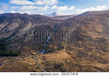 Aerial View Of The Glenthornan Waterfall By Dunlewey Or Dunlewy In County Donegal, Ireland