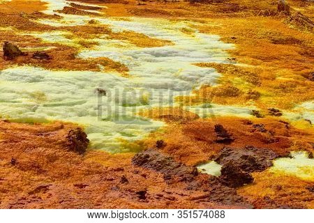 Colorful Incredible Abstract Apocalyptic Landscape Like Moonscape Of Dallol Lake In Crater Of Dallol
