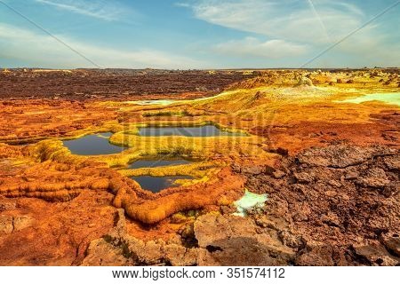 Colorful Incredible Abstract Apocalyptic Landscape Like Moonscape Of Dallol Lake In Crater Of Dallol
