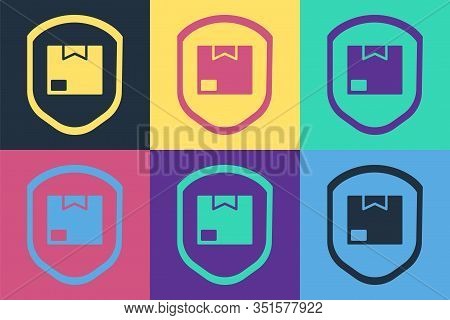 Pop Art Delivery Pack Security With Shield Icon Isolated On Color Background. Delivery Insurance. In