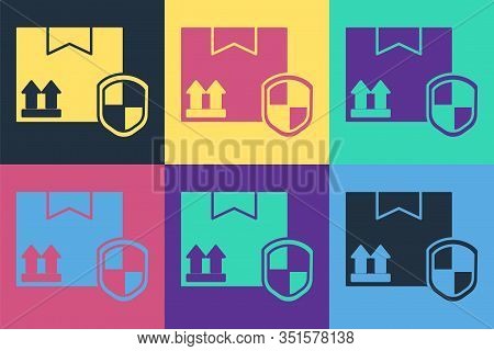 Pop Art Delivery Pack Security With Shield Icon Isolated On Color Background. Delivery Insurance. In