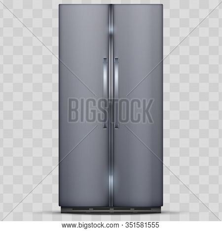 Modern Fridge Freezer Refrigerator With Double Doors. Silver Color. Household Technology And Applian