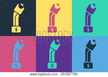 Pop Art Police Electric Shocker Icon Isolated On Color Background. Shocker For Protection. Taser Is 