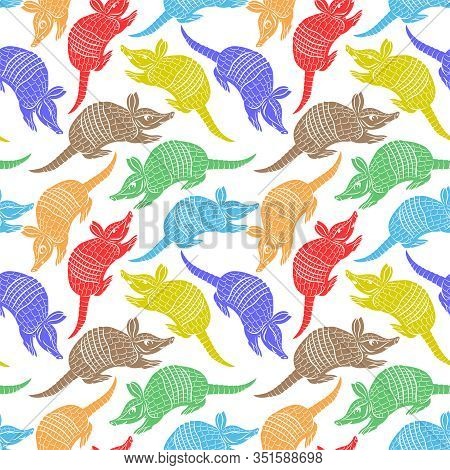 Seamless Pattern With Colored Armadillos On A White Background.