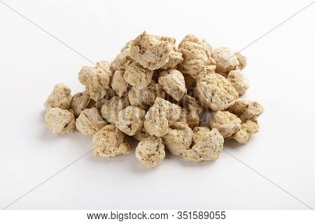 Vegan Meat. Heap Of Dehydrated Texturized Soymeat Isolated On White Background