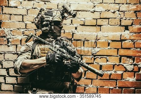 Shoulder Portrait Of Army Elite Troops Soldier, Anti-terrorist Tactical Team, Helmet With Thermal Im