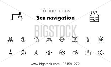 Sea Navigation Line Icon Set. Set Of Line Icons On White Background. Lighthouse, Steering Wheel, Shi