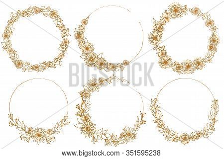 Six Floral Frames. Set Of Hand Drawn Vector Illustration. Circle Of Spring Flowers.