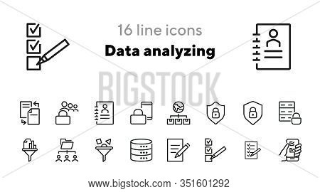 Data Analyzing Icons. Set Of Line Icons. Copywriting, Cylindrical Database, Data Filter. Information