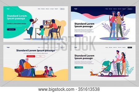 Parents And Children Set. Kids Talking To Dad Through Video Call, Walk Together. Flat Vector Illustr