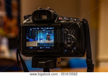 Display Screen Of Sony Alpha A58 Camera With 18-55 Mm Sony Lens Fixed On A Tripod Ready To Shoot
