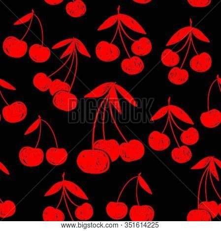 Red Berries On A Black Background. Sketch Cherry Background Seamless Pattern. Sweetcherry