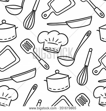 Hand Drawn Seamless Pattern On The Theme Of Chef And Cook. Vector Illustration In Doodle Style On Wh