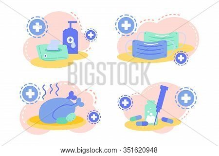 Flat Art Design Icon Set Of Flu Prevention Methods , Face Mask, Hand Sanitizer, Vaccine Shot, Well C