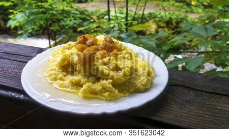 Traditional Porridge With Names Mamalyga, Hominy, Polenta, Banosh Or Kulesha On Nature Background.