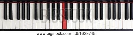 Top View Of Pianoforte With White And Black Keys. Detailed Large Synthesizer Keyboard. Electronic Mu