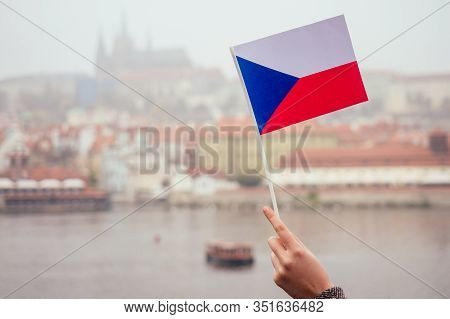 Woman Wawing With Chezh Flag In Charles Bridge And Making A Wish Touching The Bronze Plaque Bridge F
