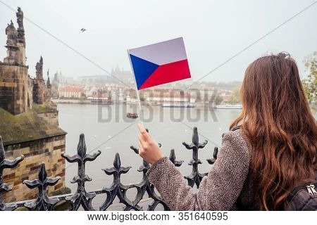 Sweet Woman Wawing With Chezh Flag In