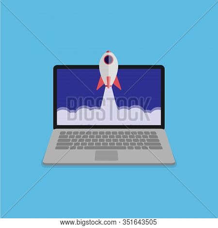 Startup Business Concept, Businessman Hand Pushing The Button To Launch Rocket From Laptop - Vector 