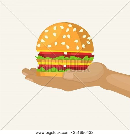 Hand Holds Burger Cartoon Vector Illustration. Fast Food With Hamburger Isolated On White Advertisem