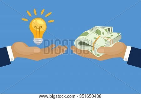 Exchange Light Bulb Idea And Dollars Banknotes Money, Vector Cartoon Illustration. Business Idea Con
