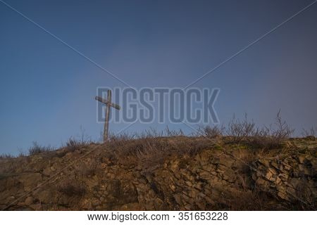 Big Crucifix On Radobyl Hill Over Labe River In Norht Bohemia In Winter Morning