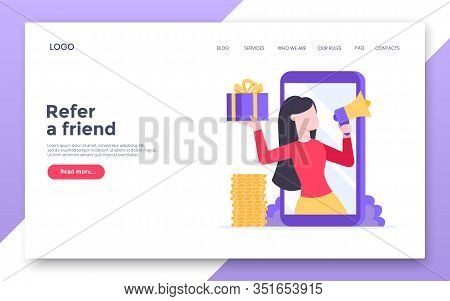 Refer A Friend Flat Style Design Vector Illustration Landing Page Concept. Woman With Megaphone And 