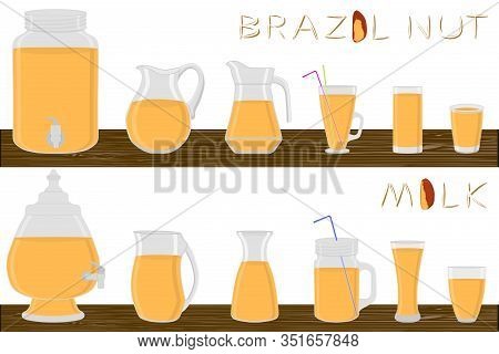 Big Kit Different Types Glassware, Brazil Nut Milk In Jugs Various Size. Glassware Consisting Of Org