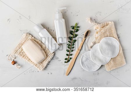 Zero Waste, Sustainable Bathroom And Lifestyle. Bamboo Toothbrush, Natural Soap, Cotton Make-up Remo