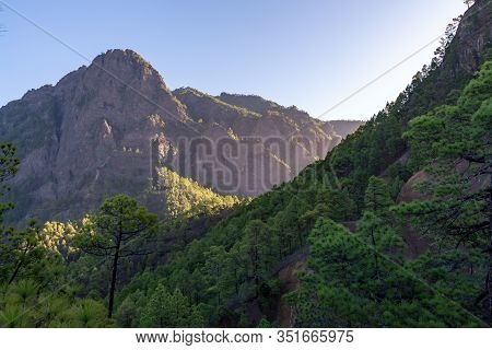 Scenic View On Caldera De Taburiente With Green Pine Forest, Ravines And Rocky Mountains Near Viewpo